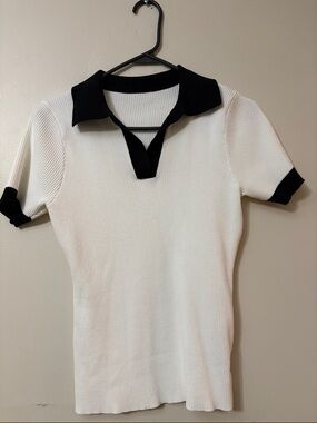 White Knit Polo Top with Black Trim